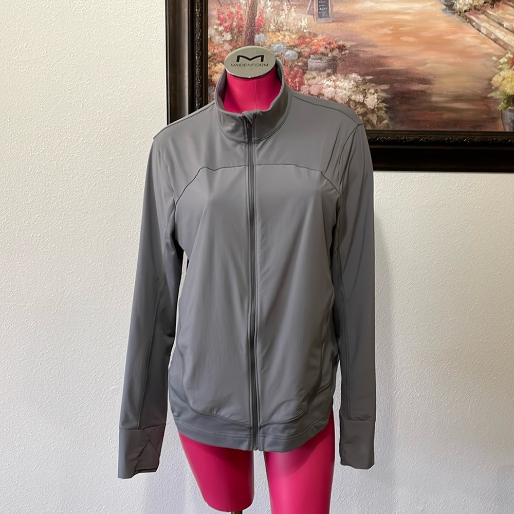 Duluth Trading Avant-Garden Jacket Women Large Gray Zip Stash Pockets Thumb Hole